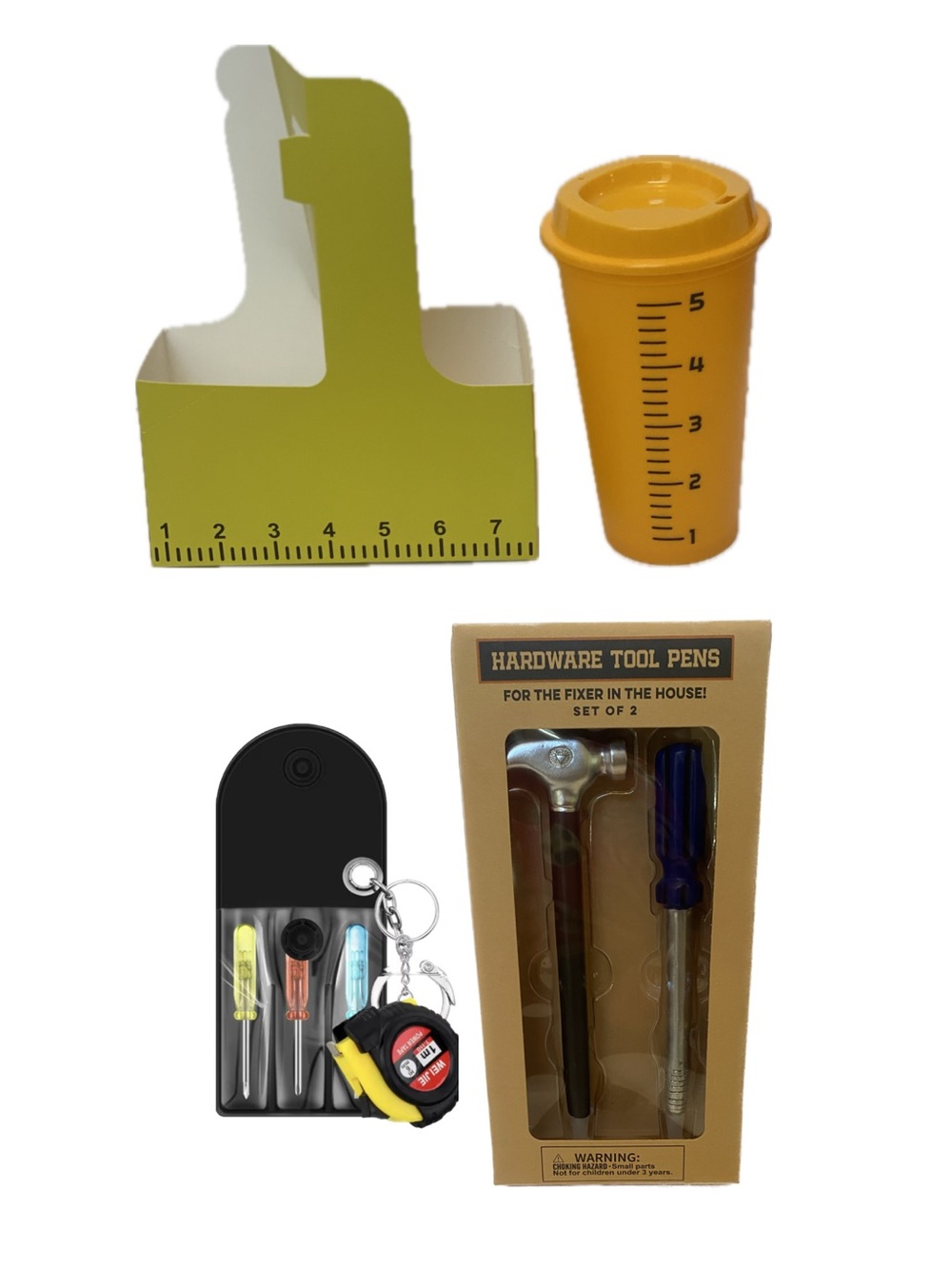 Mr. Fix It Bundle - Mini Screw Drivers, Tape Measurer, Pens, Drink Carrier + Cup
